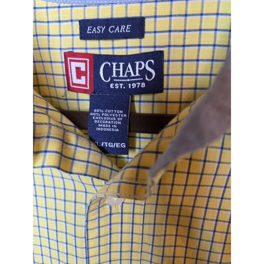 Chaps Easy Care Mens Size XL Yellow Navy Plaid Button Down Dress Shirt Preppy - Picture 2 of 10